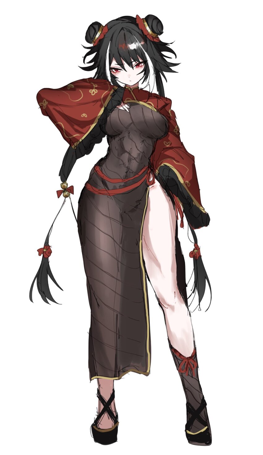 1girl, akaimo_(akaimokou), black_dress, black_footwear, black_hair, black_socks, breasts, chinese_clothes, commentary, double_bun, dress, expressionless, full_body, hair_bun, hand_on_own_chest, hand_on_own_hip, hand_up, highres, jia_xichun_(project_moon), kneehighs, limbus_company, long_hair, looking_at_viewer, multicolored_hair, project_moon, red_eyes, red_sleeves, side_slit, simple_background, single_kneehigh, single_sock, socks, solo, standing, streaked_hair, twintails, very_long_hair, white_background, wide_sleeves