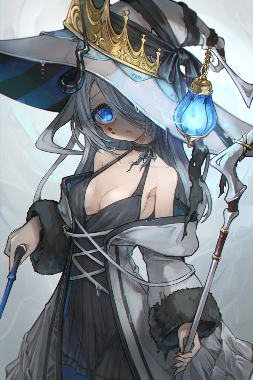 1girl, bare_shoulders, black_dress, black_horns, black_ribbon, blue_eyes, coat, collarbone