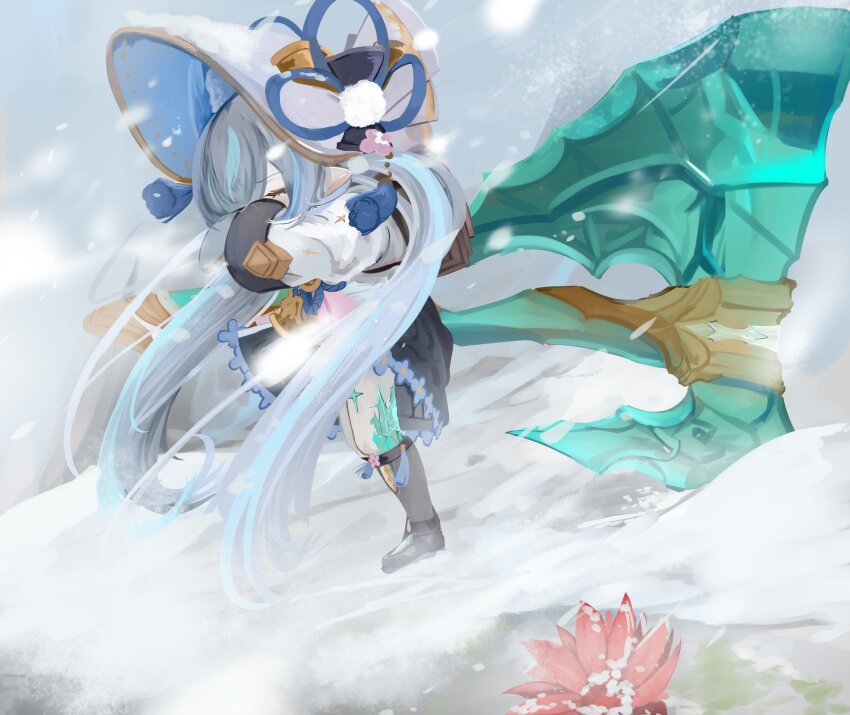 1girl, absurdres, axe, backpack, bag, blizzard, bonnet, c_maremaru