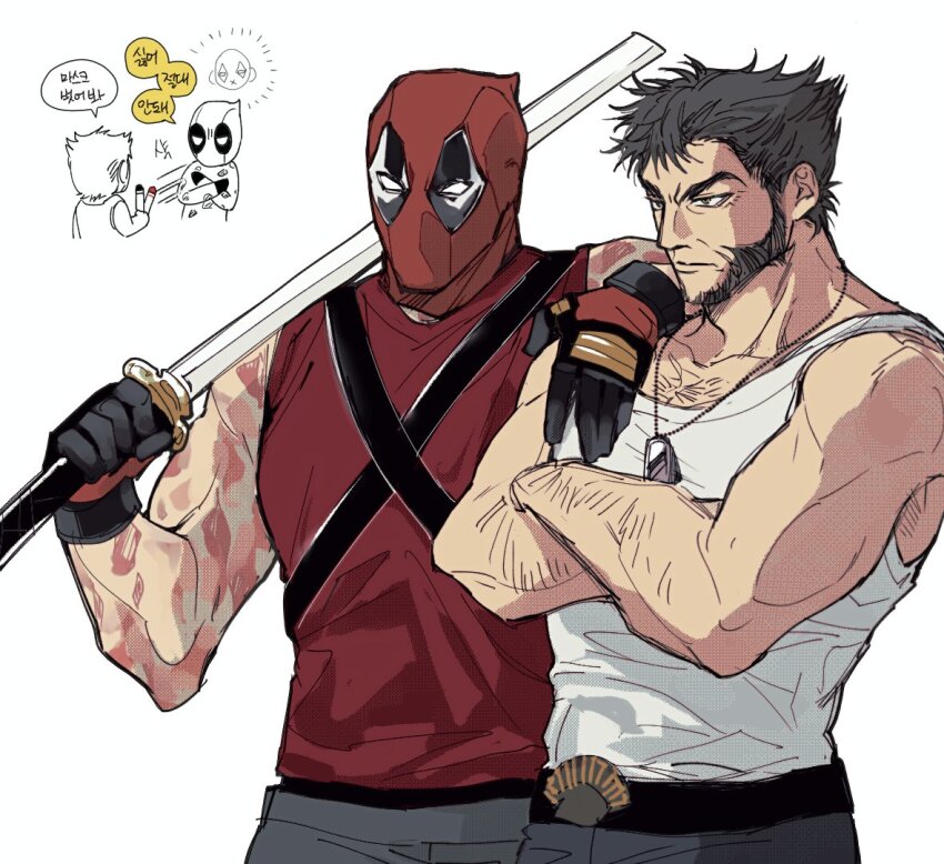 2boys, bare_shoulders, black_gloves, black_hair, brown_eyes, closed_mouth, commentary_request, crossed_arms