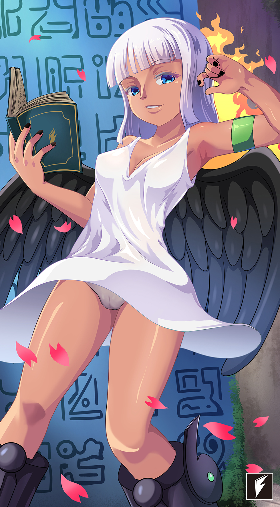 1girl, alternate_eye_color, armpits, artist_logo, bare_arms, bare_legs, bare_shoulders, black_footwear