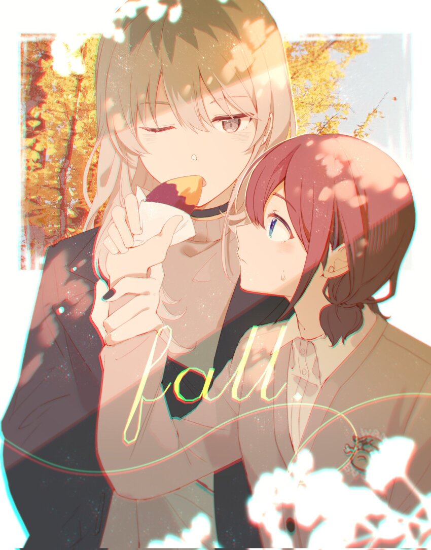 2girls, autumn, autumn_leaves, black_choker, black_coat, black_jacket, black_nails, blue_eyes