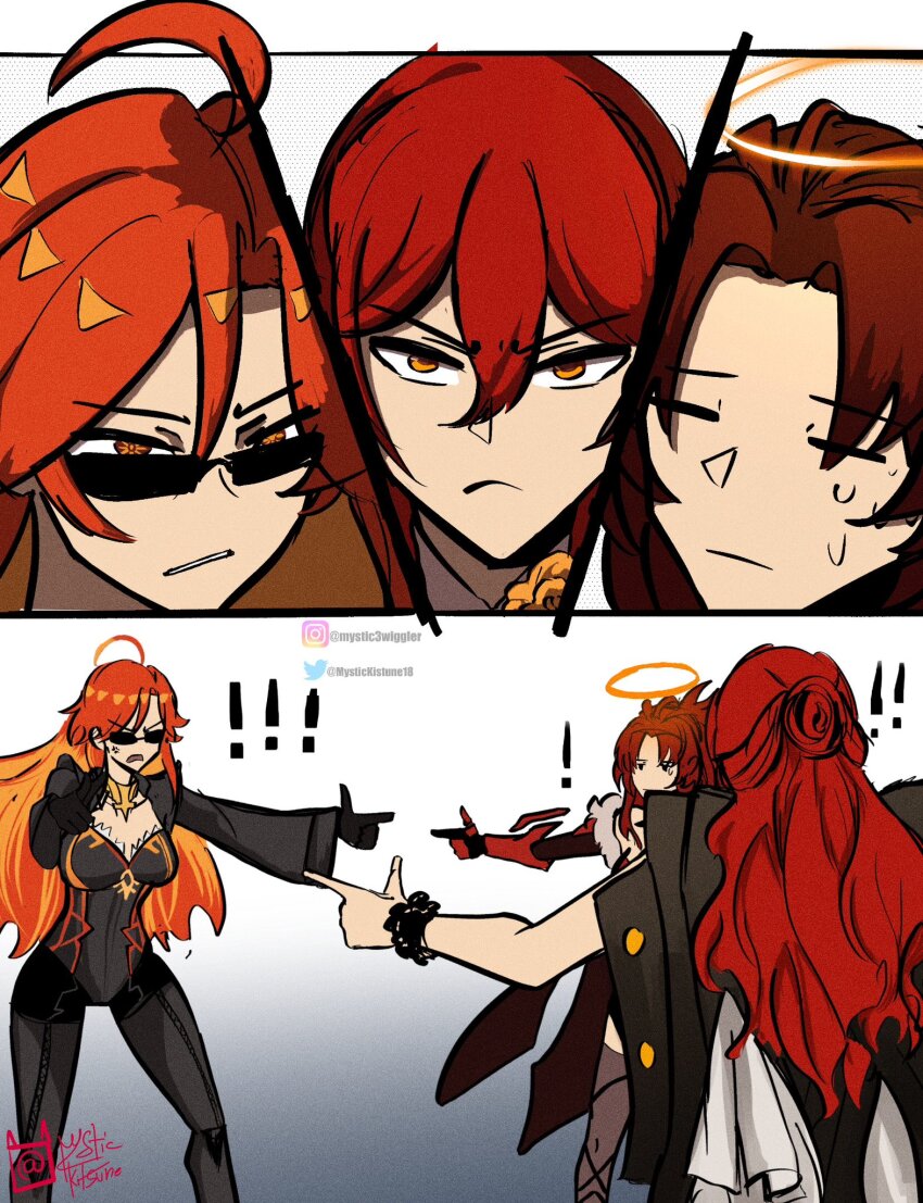 !, 3girls, ahoge, artist_name, biker_clothes, bikesuit, black_bodysuit, black_dress