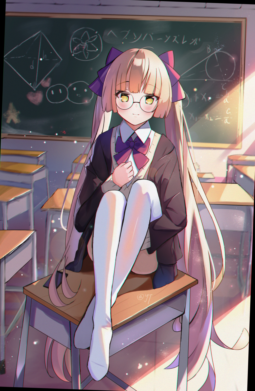 1girl, absurdres, blush, cardigan, chalkboard, classroom, desk, heaven_burns_red