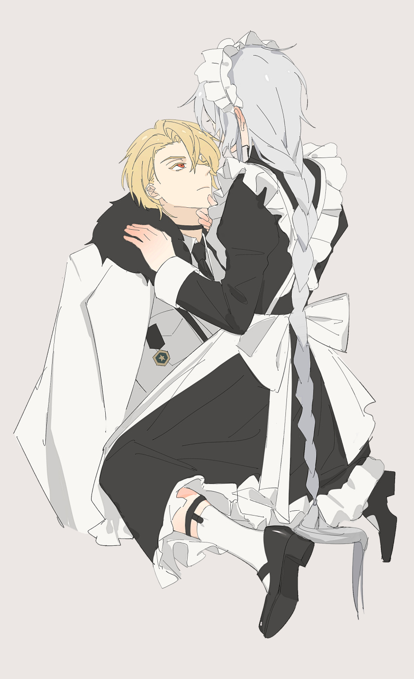 2boys, absurdres, anouchka_cash, apron, becoming_a_god_in_the_zerg_world_by_livestreaming_bl_novels, black_dress, blonde_hair, braid, coat, crossdressing, crossdressing_(mtf), dress, frills, fur-trimmed_coat, fur_trim, grabbing_another's_chin, hand_on_another's_chin, highres, jacket, long_hair, looking_at_another, maid, maid_apron, male_focus, male_maid, military_jacket, military_uniform, multiple_boys, parted_bangs, qniytui, red_eyes, shi_cunjin, single_braid, white_apron, white_hair, yaoi