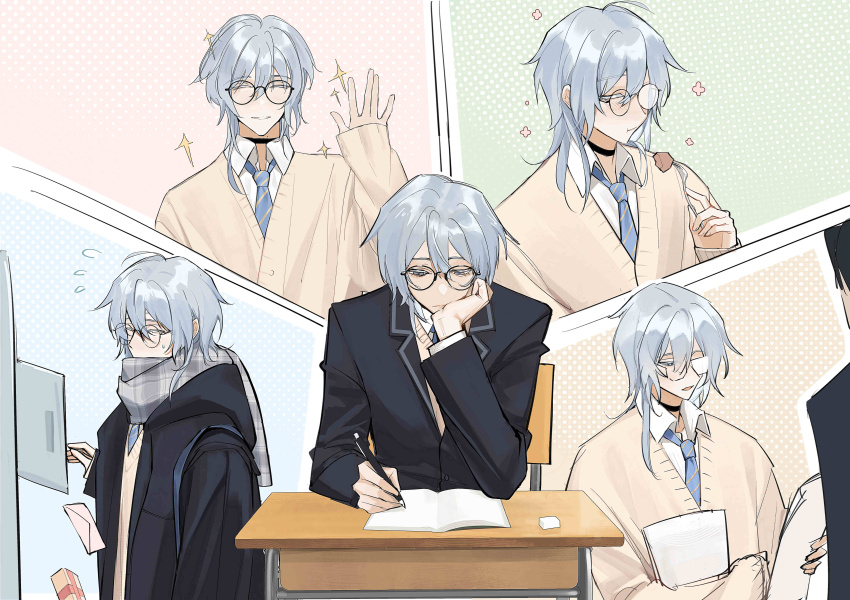 1boy, absurdres, becoming_a_god_in_the_zerg_world_by_livestreaming_bl_novels, book, bow, bowtie, choker, glasses, grey_hair, hair_between_eyes, highres, holding, holding_paper, letter, long_hair, long_sleeves, looking_at_viewer, love_letter, male_focus, paper, qniytui, school_uniform, shi_cunjin, shirt, white_hair, white_shirt, winter_uniform