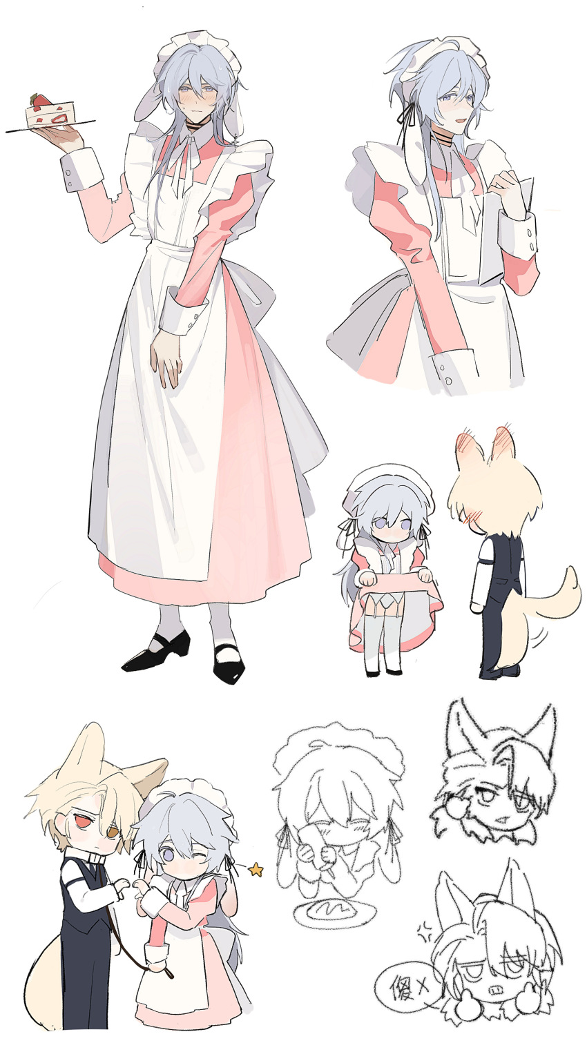 2boys, absurdres, alternate_costume, apron, becoming_a_god_in_the_zerg_world_by_livestreaming_bl_novels, black_dress, blonde_hair, blush