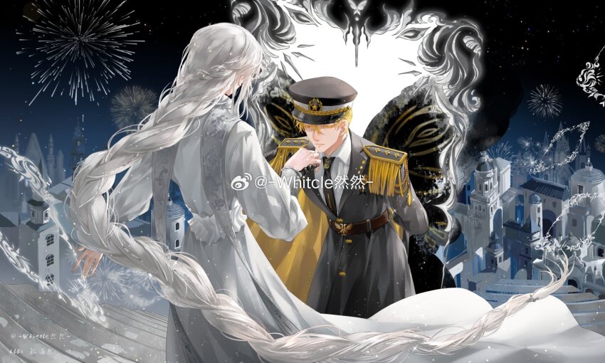 2boys, anouchka_cash, becoming_a_god_in_the_zerg_world_by_livestreaming_bl_novels, black_wings, blonde_hair, braid, butterfly_wings, grey_hair