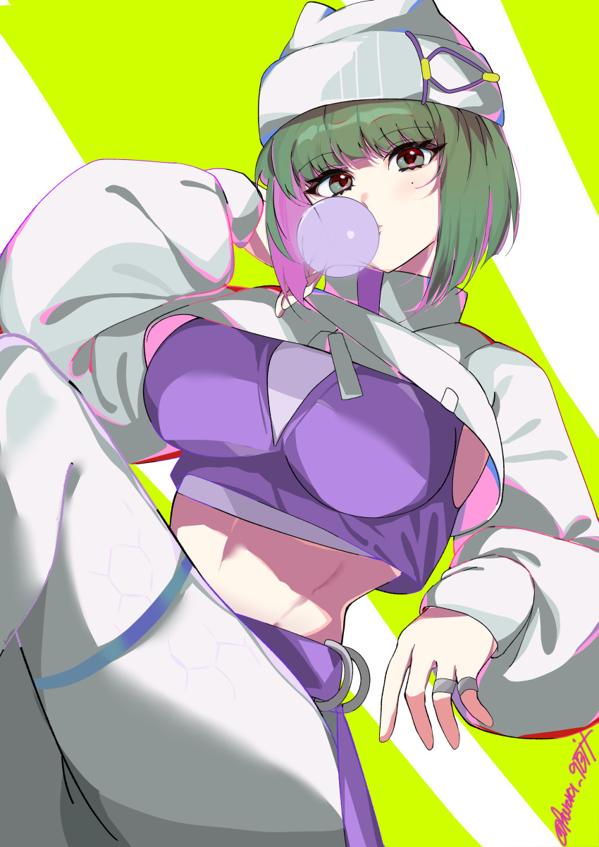 1girl, 9bit, absurdres, arknights, breasts, chewing_gum, crop_top, ela_(rainbow_six_siege)