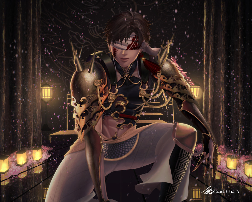 1boy, absurdres, armor, black_armor, black_background, black_boots, black_hair, black_shirt, blindfold, boots, centipede_tattoo, cheek_tattoo, cherry_blossoms, chinese_clothes, earrings, facial_tattoo, gloves, gold_armor, gold_trim, highres, jewelry, knee_pads, knee_up, lantern, male_focus, muscular, muscular_male, nail_armor, pants, partially_fingerless_gloves, qin_shi_huang_(shuumatsu_no_valkyrie), red_tassel, scale_print, scales, shirt, short_hair, shoulder_armor, shuumatsu_no_valkyrie, single_earring, smile, solo, spiked_armor, spikes, tassel, tassel_earrings, tattoo, toned, toned_male, white_pants