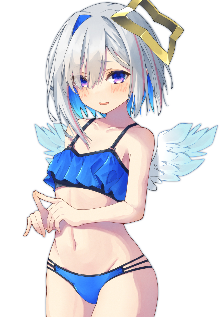 1girl, absurdres, amane_kanata, aqua_wings, asymmetrical_hair, bare_arms, bare_shoulders, bikini, blue_bikini, blue_eyes, blue_hair, blush, breasts, collarbone, colored_inner_hair, cowboy_shot, embarrassed, feathered_wings, frilled_bikini, frills, gradient_wings, grey_hair, groin, hair_over_one_eye, halo, highres, hololive, index_fingers_together, kisara_mikami, looking_at_viewer, medium_hair, mini_wings, multi-strapped_bikini_bottom, multicolored_eyes, multicolored_hair, multicolored_wings, navel, open_mouth, own_hands_together, parted_bangs, pink_eyes, simple_background, single_hair_intake, small_breasts, solo, standing, star_halo, streaked_hair, swimsuit, virtual_youtuber, white_background, white_wings, wings, yellow_halo