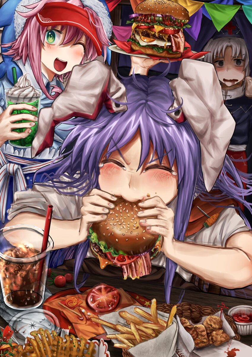 3girls, absurdres, animal_ears, bacon, blush, burger, carrot_pin, cheese, cherry_tomato, chicken_(food), closed_eyes, commentary_request, cross, drooling, eating, fast_food, food, french_fries, fried_chicken, fried_egg, green_eyes, grey_hair, hat, highres, holding, holding_burger, holding_food, ketchup, long_hair, looking_at_viewer, melon_soda, multiple_girls, napkin, necktie, nurse_cap, okunoda_miyoi, one_eye_closed, open_mouth, orange_necktie, pink_hair, purple_hair, rabbit_ears, rabbit_girl, red_cross, reisen_udongein_inaba, shirt, sliced_cheese, smile, soda, streamers, tearing_up, tomato, tomato_slice, touhou, upper_body, v-shaped_eyebrows, very_long_hair, visor_cap, waffle_fries, whipped_cream, white_shirt, yagokoro_eirin, yukine_0930