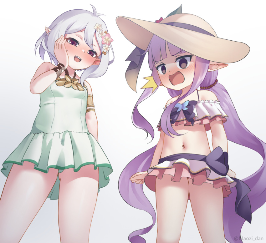2girls, artist_name, bikini, blunt_bangs, blush, breasts, brown_eyes, collarbone