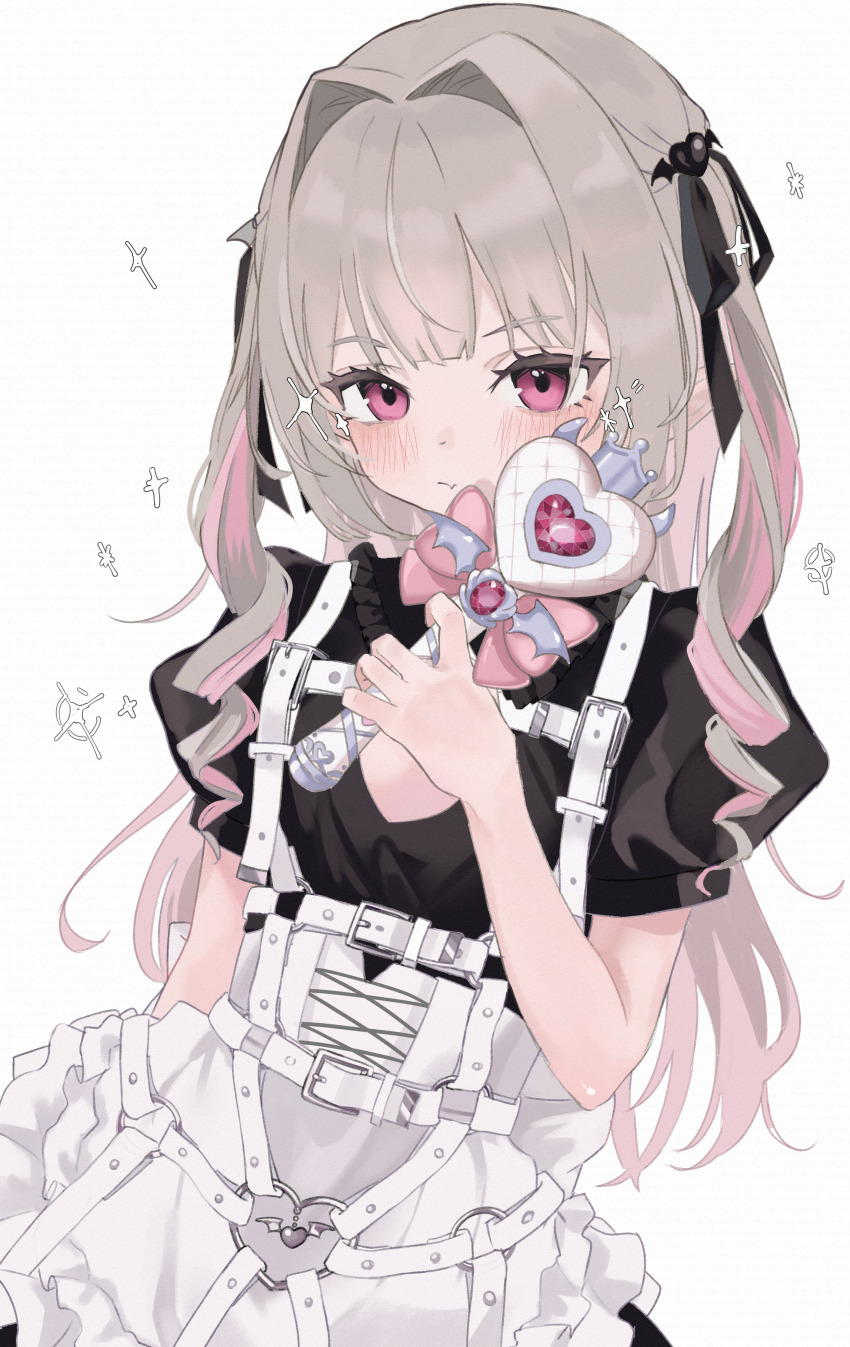 1girl, absurdres, apron, black_dress, blush, chest_harness, clothing_cutout, dress