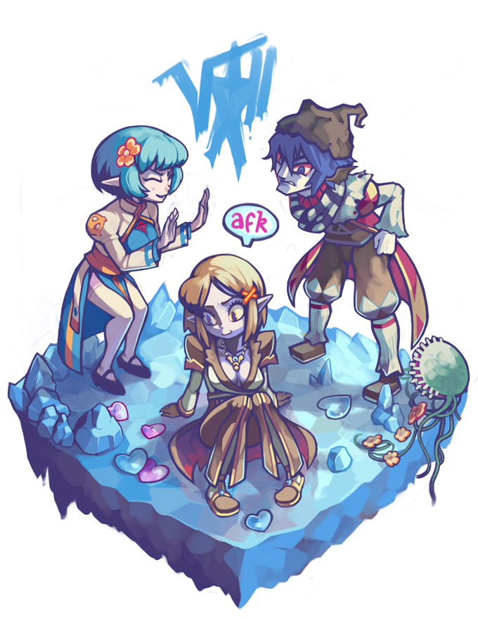 1boy, 2girls, angry, arch_bishop_(ragnarok_online), blonde_hair, blue_eyes, blue_hair, breasts