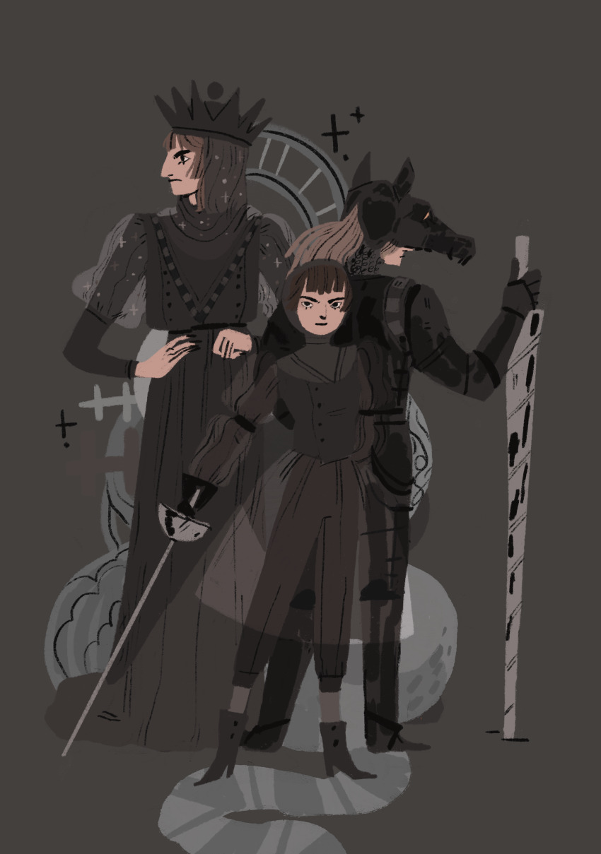 3girls, absurdres, animal_costume, ankle_boots, arm_armor, armor, black_armor, black_dress, black_eyes, black_footwear, black_hood, black_mask, black_pants, black_theme, black_veil, blunt_bangs, board_game, boots, breastplate, brown_hair, chainmail, chess, chess_piece, commentary, crown, dahliasheep, dark_background, dress, english_commentary, fantasy, frown, full_armor, full_body, gauntlets, glaring, grey_background, height_difference, high_collar, highres, holding, holding_polearm, holding_sword, holding_weapon, horse_mask, knight, knight_(chess), lance, leg_armor, long_hair, long_sleeves, looking_at_viewer, mask, multiple_girls, original, pants, pawn_(chess), plate_armor, pointed_crown, polearm, profile, puffy_long_sleeves, puffy_sleeves, queen_(chess), rapier, see-through_clothes, see-through_skirt, see-through_sleeves, simple_background, skirt, sparkle, sword, veil, weapon, yellow_eyes