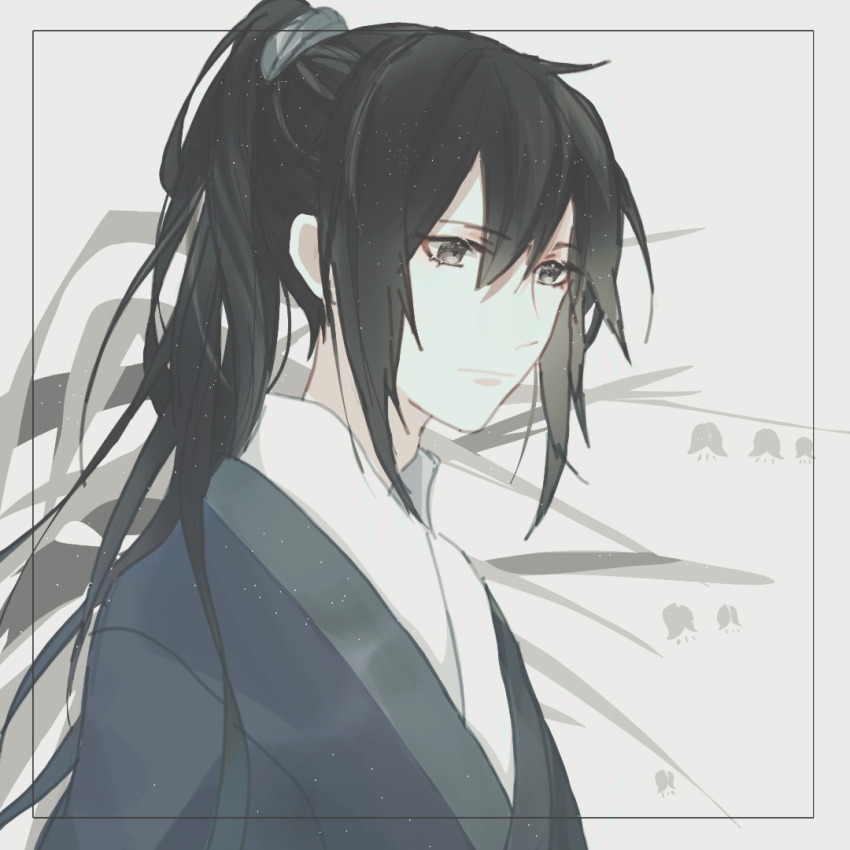 1boy, black_eyes, black_hair, blue_hanfu, cheng_qian, chinese_clothes, chinese_commentary, closed_mouth
