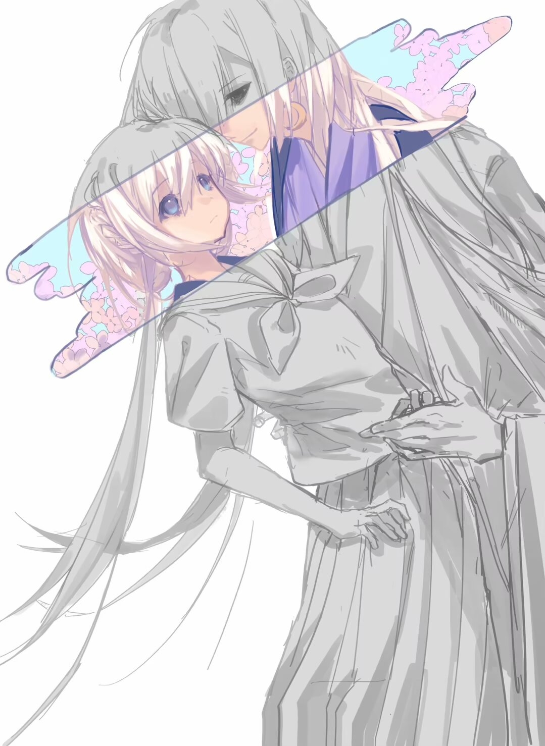 1boy, 1girl, blue_eyes, blue_kimono, call_of_cthulhu, chinese_commentary, closed_mouth, commentary_request, greyscale, highres, izayoinotsuki_nihyakkeiri, japanese_clothes, kimono, long_hair, long_sleeves, mingjing_fangfu_keyi_zhanduan_chuntian, monochrome, original, pleated_skirt, sailor_collar, sailor_shirt, school_uniform, serafuku, shirt, skirt, spot_color, white_hair, wide_sleeves, youshendesu