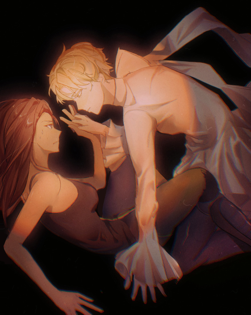 1boy, 1girl, alien_stage, black_background, black_camisole, black_pants, blonde_hair, brown_hair, camisole, chinese_commentary, closed_mouth, coat, colored_eyelashes, commentary_request, film_grain, hetero, highres, holding_hands, hyuna_(alien_stage), long_hair, long_sleeves, luka_(alien_stage), pants, short_hair, sweat, white_coat, yellow_eyes, youshendesu