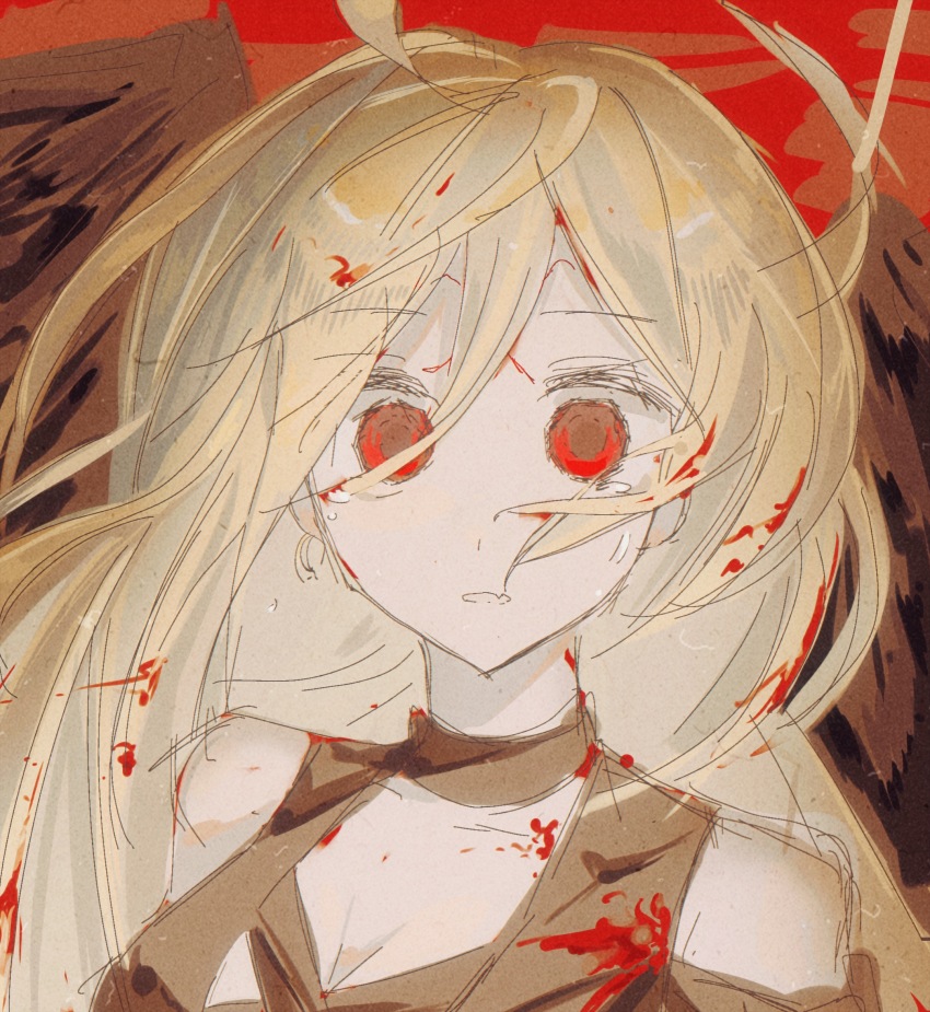 1girl, black_wings, blonde_hair, blood, blood_in_hair, blood_on_clothes, blood_on_face, breasts