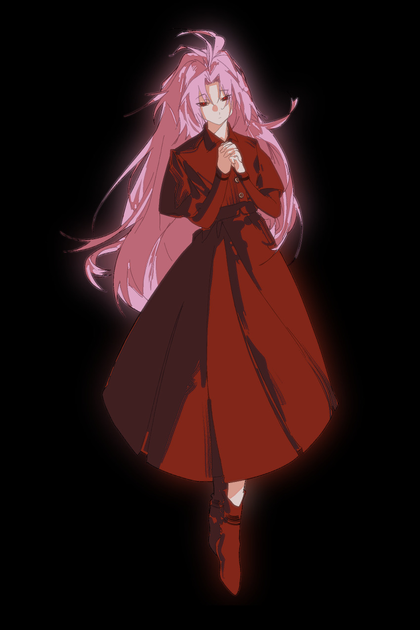 1boy, absurdres, alternate_costume, black_background, boots, closed_mouth, crossdressing, crossdressing_(mtf), curtained_hair, full_body, haoyueqianli711, hatsutori_hajime, highres, juliet_sleeves, long_hair, long_skirt, long_sleeves, male_focus, own_hands_clasped, own_hands_together, parted_bangs, pink_hair, puffy_sleeves, red_boots, red_eyes, red_shirt, red_skirt, saibou_shinkyoku, shirt, simple_background, skirt, skirt_set, solo, trap, variant_set, very_long_hair
