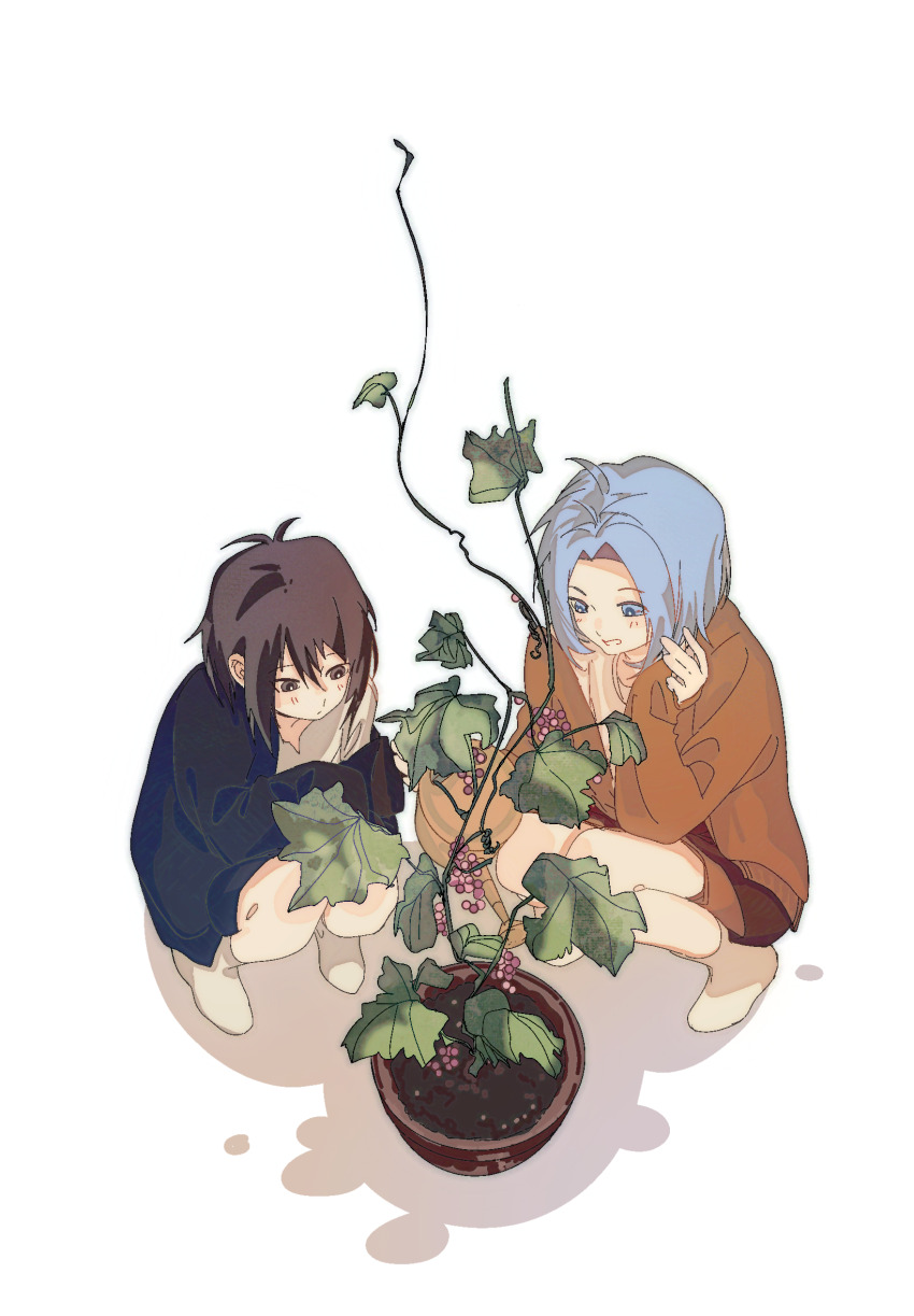 1boy, 1girl, black_jacket, blue_eyes, blue_hair, brown_eyes, brown_hair, chinese_commentary