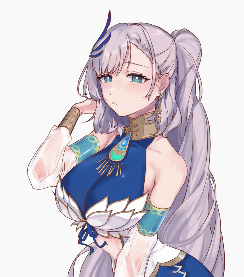 1girl, :<, asterisk_(pmpalg_v), blue_eyes, braid, breasts, bright_pupils, commentary, earrings, green_eyes, grey_hair, highres, hololive, hololive_indonesia, jewelry, large_breasts, long_hair, pavolia_reine, pavolia_reine_(1st_costume), see-through_clothes, see-through_sleeves, side_ponytail, solo, untranslatable_commentary, virtual_youtuber, white_pupils