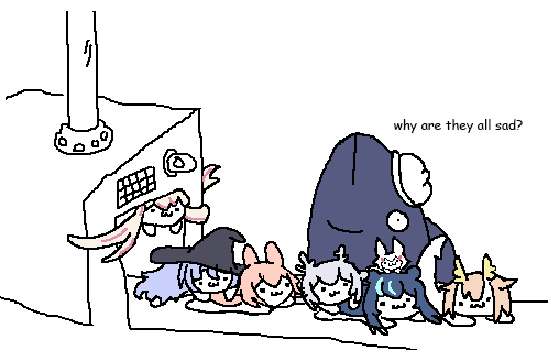 animal_ears, antlers, chibi, dragon_girl, fish, fujikura_uruka, h2osakana, hat, horns, i_guess_we_doin_circles_now_(meme), lowres, meme, napixelz, phase_connect, pipkin_pippa, rabbit_ears, rinkou_ashelia, tenma_maemi, utatane_nasa, virtual_youtuber, witch_hat