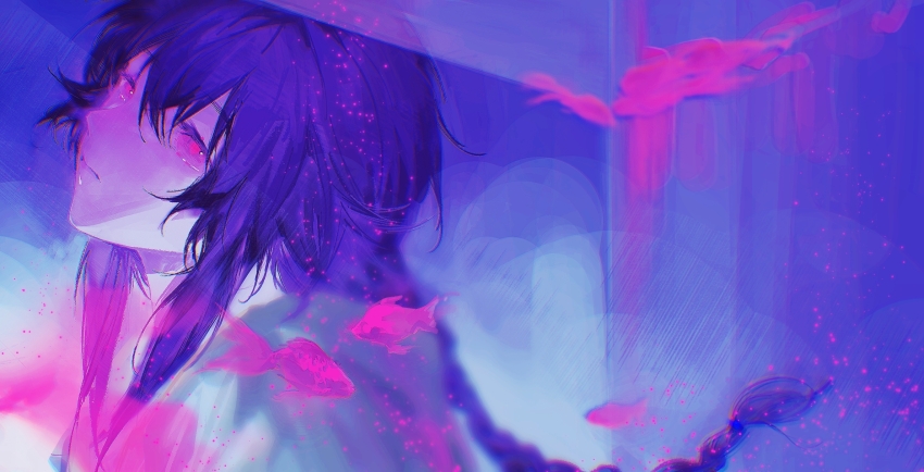 1girl, black_hair, braid, chinese_commentary, closed_mouth, commentary_request, fish, goldfish