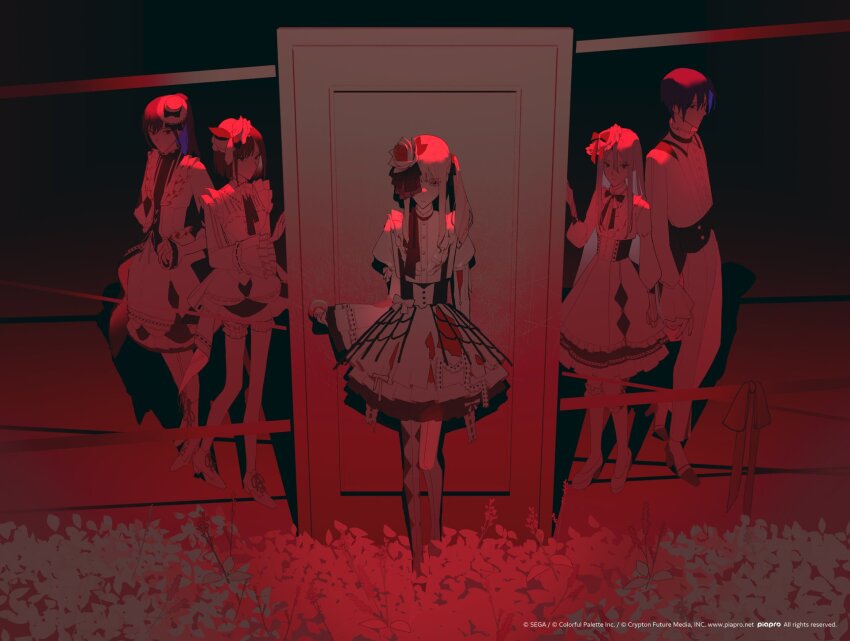 1boy, 1other, 25-ji_kaito, 25-ji_nightcord_de._(project_sekai), 3girls, akiyama_mizuki, asahina_mafuyu, bake_no_hana_(vocaloid)