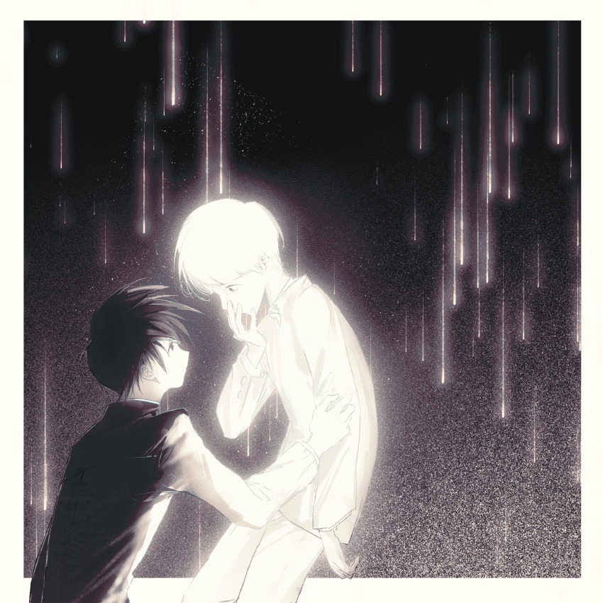 2boys, border, brothers, buttons, greyscale, hand_on_another's_arm, hand_to_own_mouth, haoyueqianli711