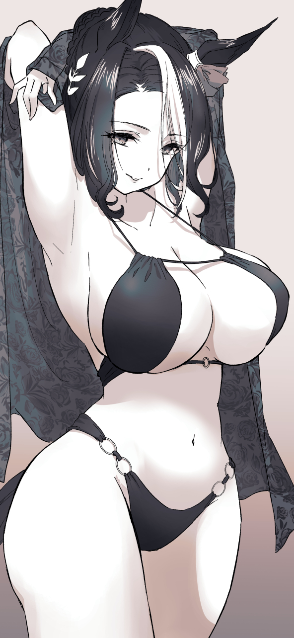 1girl, alternate_costume, animal_ears, armpits, bikini, black_bikini, black_hair, bow