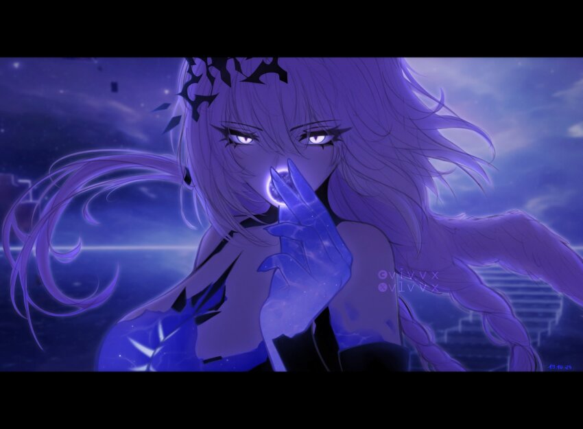 1girl, artist_name, commentary, english_commentary, glowing, glowing_eyes, glowing_hands, hair_between_eyes