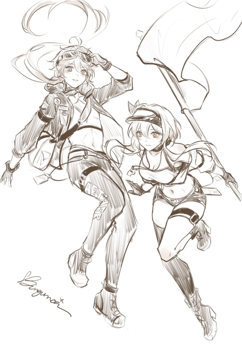 1boy, 1girl, aether_(genshin_impact), aether_(teyvat_turboflux)_(genshin_impact), breasts, brother_and_sister, cleavage, commentary