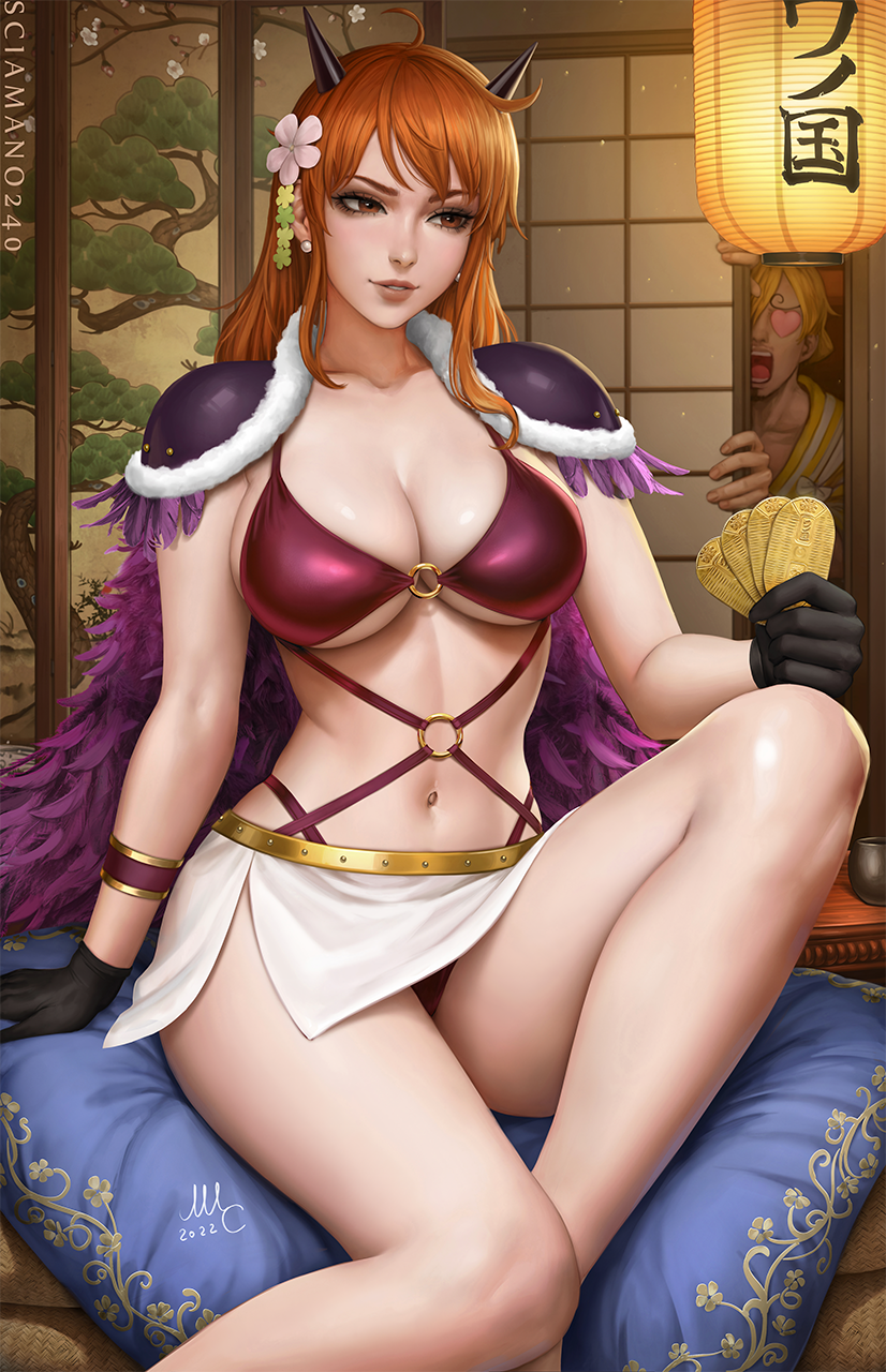 1boy, 1girl, beast_pirates_uniform, bikini, black_gloves, bow, bracelet, breasts, cleavage, earrings, feathered_cloak, feet_out_of_frame, flower, gloves, hair_flower, hair_ornament, highres, horns, jewelry, large_breasts, legs, lips, nami_(one_piece), nami_(one_piece)_(onigashima), navel, o-ring, o-ring_bikini, official_alternate_costume, one_piece, orange_eyes, orange_hair, pearl_earrings, pillow, red_bikini, sanji_(one_piece), sciamano240, side_slit, sitting, skirt, smile, solo_focus, swimsuit, thick_thighs, thighs