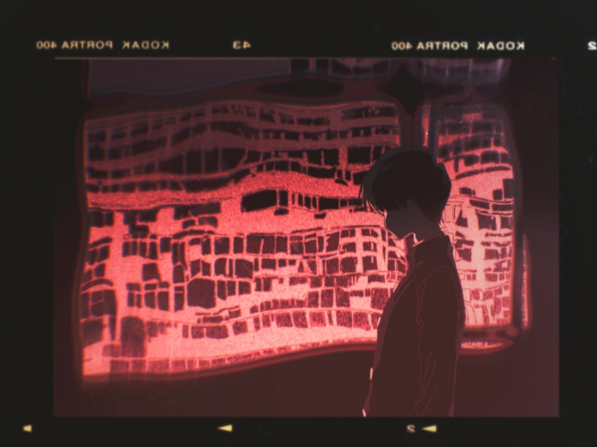 1boy, building, chinese_commentary, commentary_request, distortion, gakuran, haoyueqianli711, highres