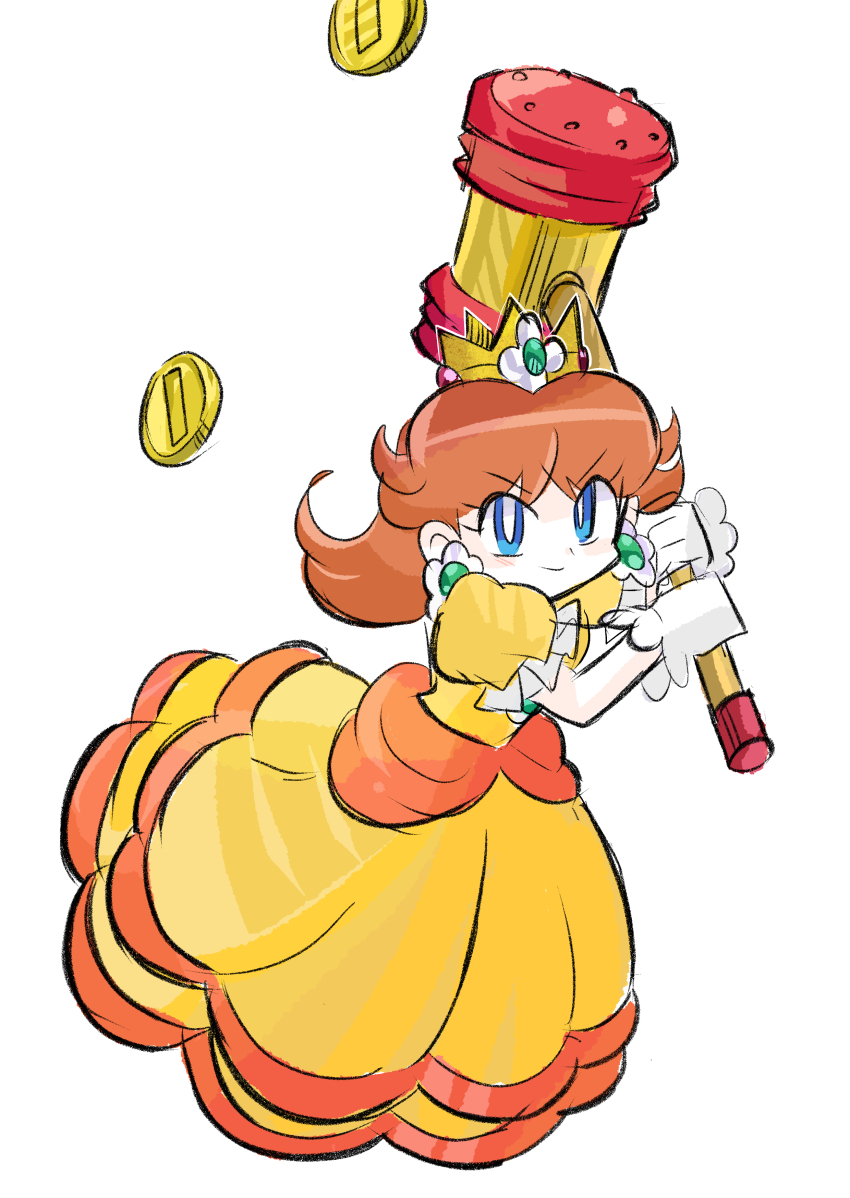 1girl, absurdres, blue_eyes, brown_hair, coin, crown, dress, earrings