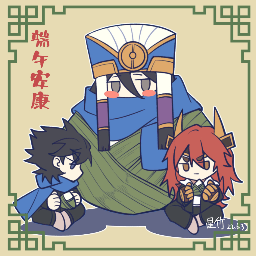 3boys, :|, black_hair, blue_hat, blue_scarf, blush_stickers, chibi, chibi_only