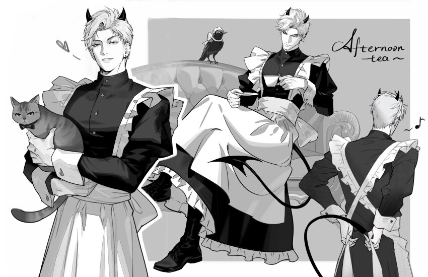 1boy, absurdres, animal, apron, bird, boots, bow, bowtie