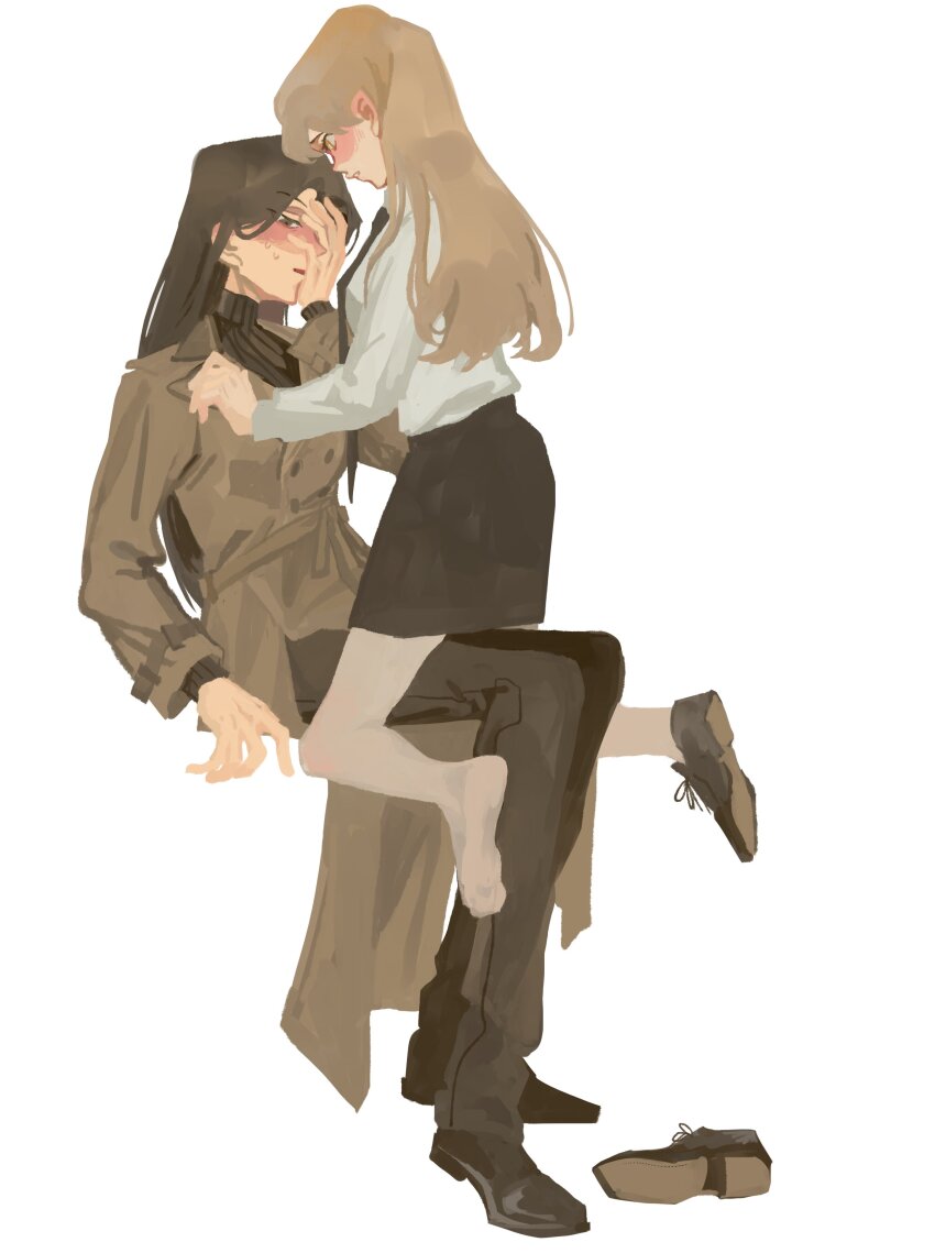 2girls, absurdres, black_footwear, black_necktie, black_pants, black_shirt, black_skirt, blush, brown_coat, brown_hair, coat, commentary, commission, english_commentary, hand_on_own_face, highres, invisible_chair, lee_sookyung, long_sleeves, mature_female, multiple_girls, necktie, no_lineart, nose_blush, omniscient_reader's_viewpoint, pants, pantyhose, pencil_skirt, rukiruus, shirt, shoes, simple_background, single_shoe, sitting, skirt, straddling, sweat, turtleneck, turtleneck_shirt, upright_straddle, white_background, white_pantyhose, white_shirt, yoo_sangah, yuri