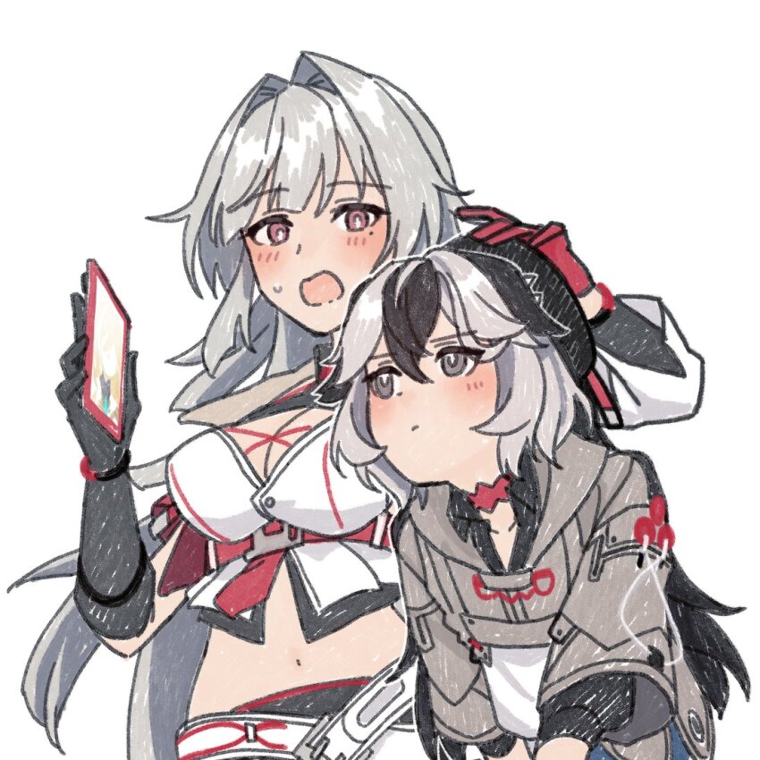 2girls, black_gloves, black_hair, blush, breasts, brown_eyes, brown_jacket, cellphone