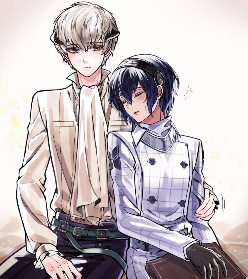 2boys, black_gloves, black_hairband, blue_hair, blush, book, buttons, closed_mouth