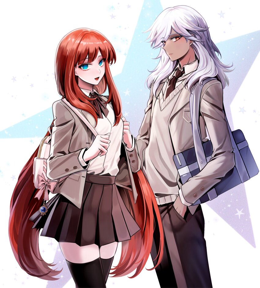 1boy, 1girl, alternate_costume, bag, black_pants, black_skirt, black_thighhighs, blue_eyes