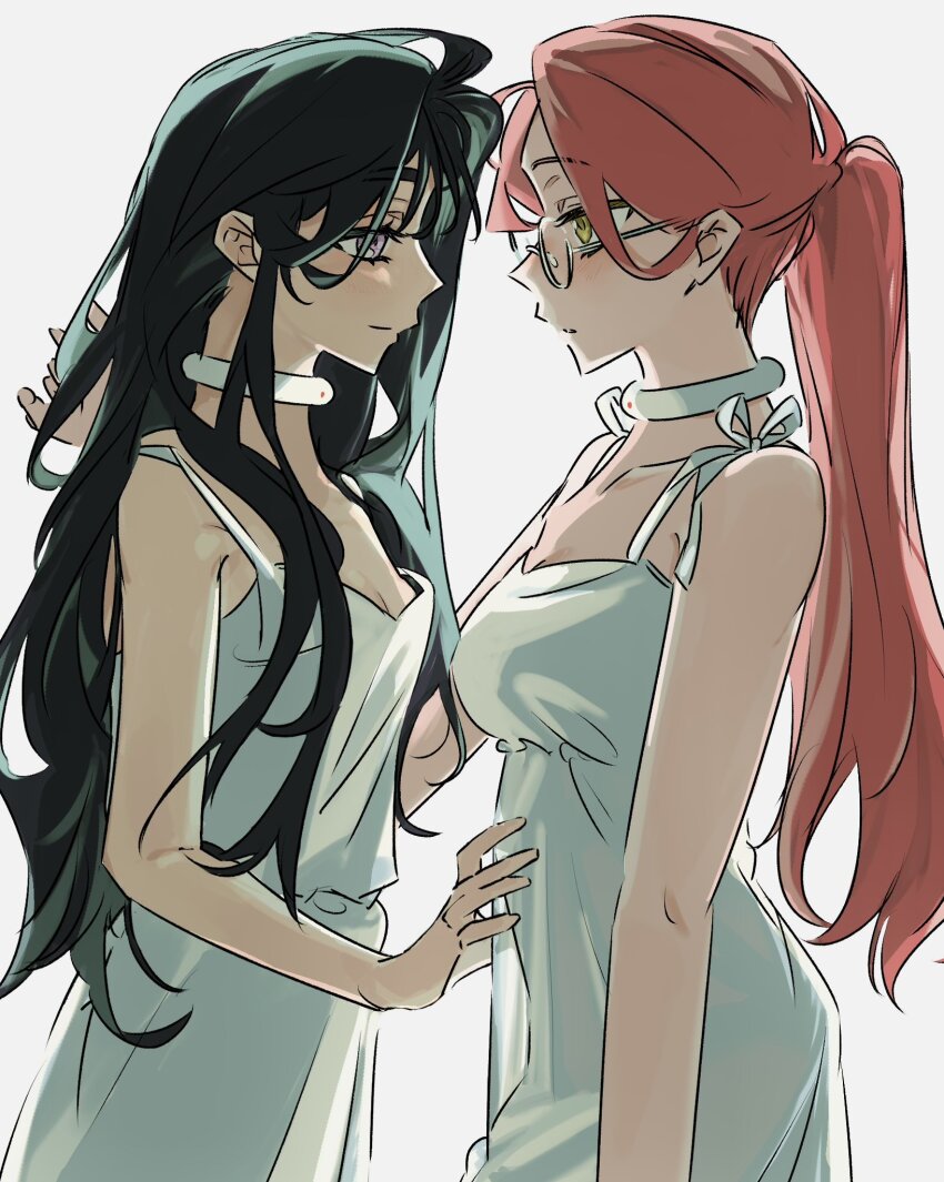 2girls, alien_stage, bare_shoulders, black_hair, choker, closed_mouth, dress, from_side