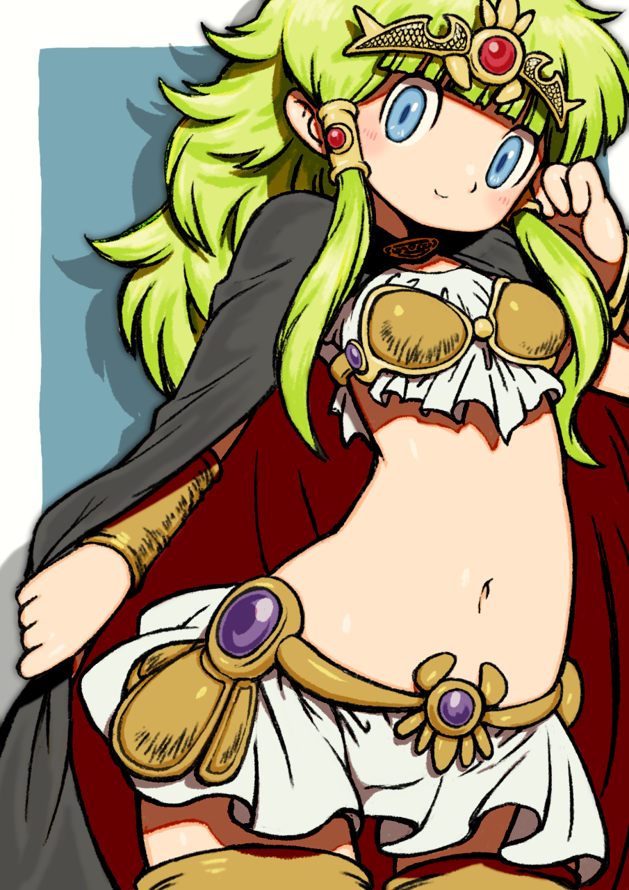 1girl, beeru_(veil8801), black_cape, cape, closed_mouth, dragon_slayer_(series), dragon_slayer_ii_xanadu, green_hair, hair_tubes, highres, long_hair, looking_at_viewer, navel, riel_(dragon_slayer), skirt, smile, solo