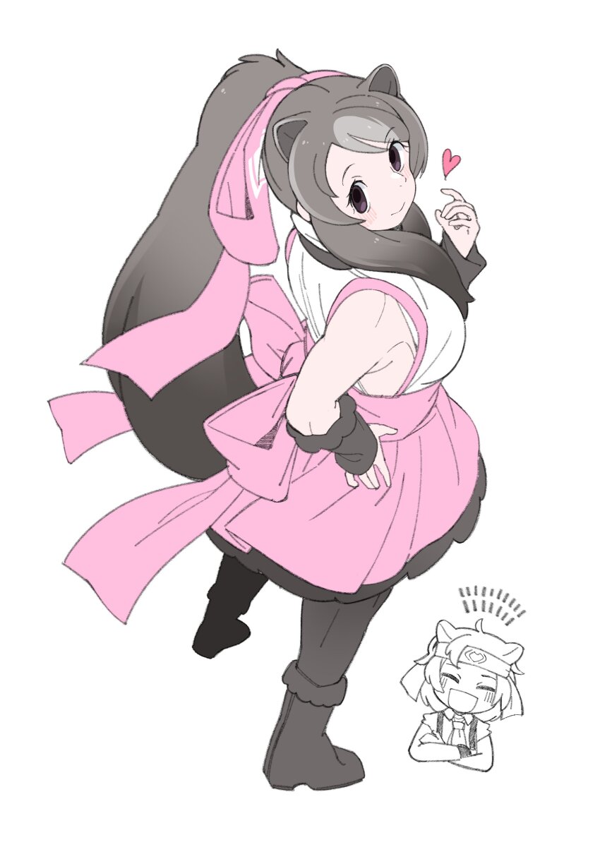 absurdres, animal_ears, arm_warmers, back_bow, bare_shoulders, bear_ears, bear_girl, bear_tail, bergman's_bear_(kemono_friends), boots, bow, brown_boots, brown_eyes, brown_hair, brown_pantyhose, extra_ears, ezo_brown_bear_(kemono_friends), frilled_skirt, frills, from_above, full_body, grey_hair, hair_between_eyes, hair_bow, headband, heart, highres, kemono_friends, long_hair, looking_back, multicolored_hair, pantyhose, parsley_(simonov1941), pink_bow, pink_skirt, pink_trim, pleated_skirt, ponytail, shirt, sidelocks, skirt, sleeveless, smile, tail, two-tone_hair, white_shirt