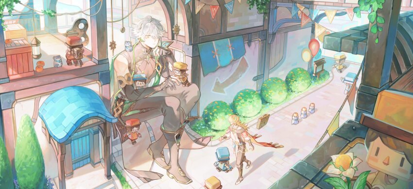 2boys, ahoge, alhaitham_(genshin_impact), arrow_(symbol), balloon, black_footwear, black_gloves, black_pants