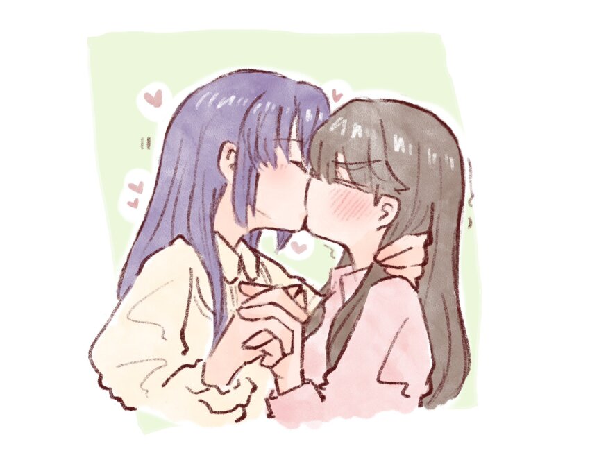 2girls, =_=, border, brown_hair, closed_eyes, collared_dress, commentary, cropped_torso, dress, fujishima_megumi, fujishima_megumi_(summer_loungewear), green_background, hair_down, heart, highres, holding_hands, interlocked_fingers, kiss, link!_like!_love_live!, long_hair, long_sleeves, love_live!, mashikaku_(ma4kaku10fu), multiple_girls, official_alternate_costume, official_alternate_hairstyle, otomune_kozue, otomune_kozue_(summer_loungewear), outline, outside_border, pink_dress, profile, puffy_long_sleeves, puffy_sleeves, purple_hair, sidelocks, simple_background, untranslatable_commentary, trembling, upper_body, v-shaped_eyebrows, virtual_youtuber, white_border, white_dress, white_outline, yuri
