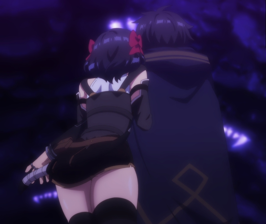 1boy, 1girl, anime_screenshot, black_hair, black_romper, black_shorts, black_thighhighs, blue_eyes