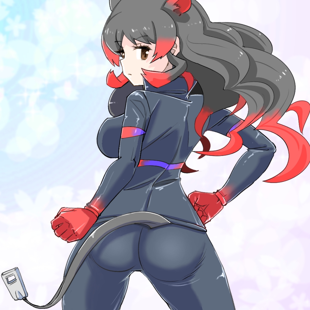 1girl, animal_ears, ass, black_hair, black_wetsuit, blush, bodysuit, brown_eyes, cowboy_shot, diving_suit, extra_ears, from_behind, gloves, gradient_hair, hair_between_eyes, high_collar, hippopotamus_(kemono_friends), hippopotamus_ears, kemono_friends, long_hair, msl2go, multicolored_hair, multicolored_wetsuit, red_gloves, red_hair, red_wetsuit, sidelocks, solo, tail, wetsuit